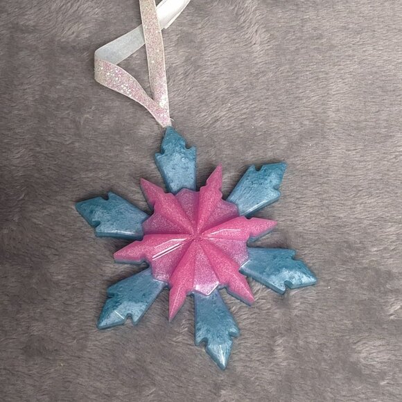 Handmade Snowflake Ornaments 4 in Pink & Blue Resin Glitter Ribbon Hangers - Picture 3 of 4